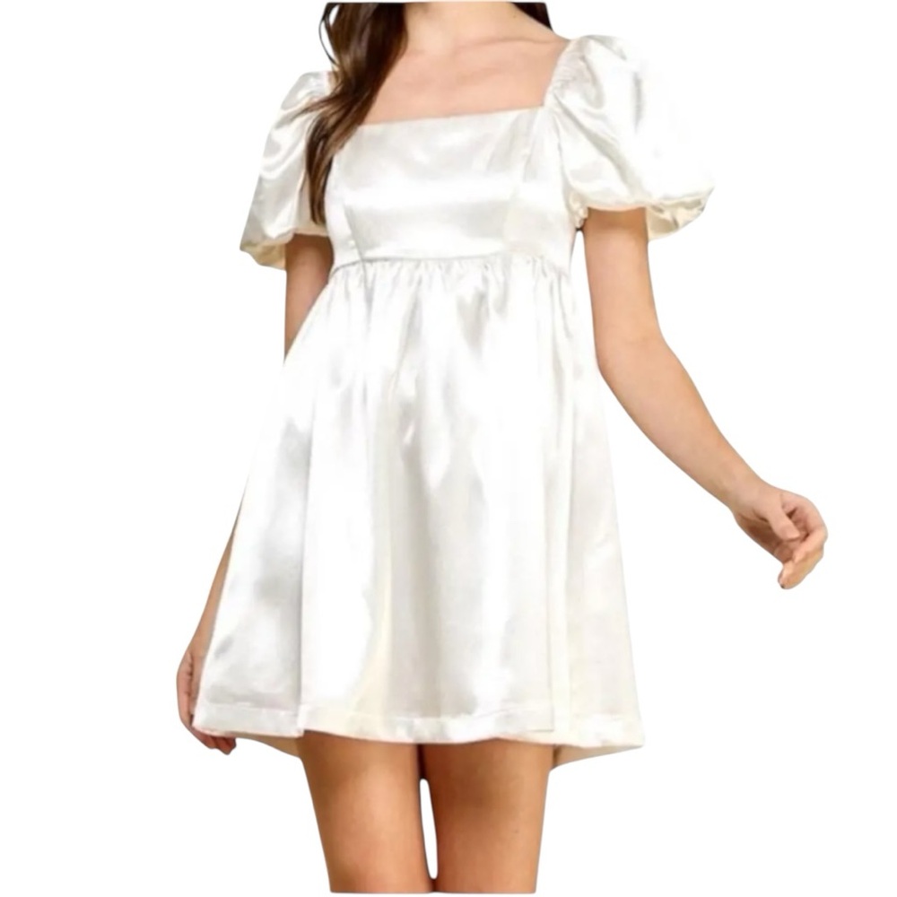 TCEC Babydoll Dress Puffy Sleeves Satin Shimmer Mini White XL